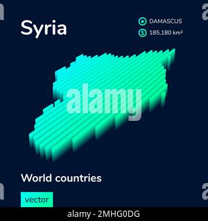 Mappa vettoriale siriana 3D stilizzata a righe isometriche al neon in colori verdi su sfondo blu scuro Illustrazione Vettoriale