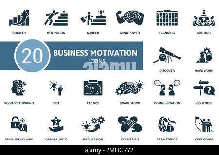 Set di icone per la motivazione aziendale. Raccolta di icone monocromatiche Simple Business Motivation. Crescita, motivazione, carriera, potere mentale, pianificazione, Opportunità Illustrazione Vettoriale