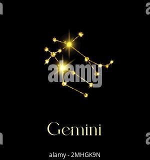 Oroscopo Gemelli costellazioni del segno zodiacale da una texture dorata su sfondo nero Illustrazione Vettoriale