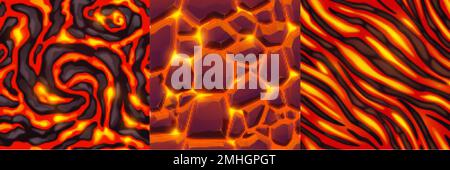 Texture di lava, magma e pietre. Modelli senza cuciture della superficie rocciosa del vulcano con crepe e flussi di lava liquida fusa calda nella vista dall'alto, carrello vettoriale Illustrazione Vettoriale