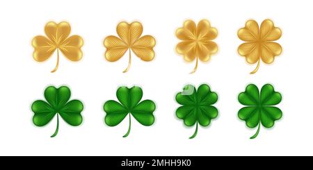 Set di foglie di trifoglio su sfondo bianco. Verde e oro shamrock e quatrefoil 3D simbolo di San Giornata dei Patricks Buona fortuna. Illustrazione vettoriale. Illustrazione Vettoriale