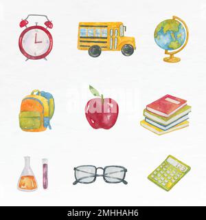 Grafica educativa del set di acquerelli vettoriali degli oggetti Education Illustrazione Vettoriale
