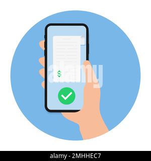 Pagamento di denaro con il concetto di pagamenti online del mobile phone banking. Semplice transazione di pagamento delle fatture su smartphone. Mobile con carta finanziaria. Pagamento fattura elettronica Illustrazione Vettoriale