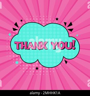 Fumetto bolla con espressione di testo Grazie. Illustrazione Vector Bright Dynamic Cartoon in stile pop art retrò isolato su sfondo giallo Illustrazione Vettoriale