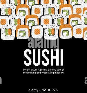 Illustrazione di sfondo sushi con posto per il testo sul dorso nero Illustrazione Vettoriale