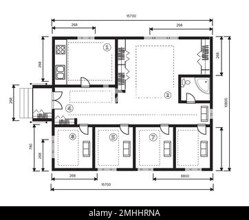 Disegno pianta della casa. Figura dello schema a jotting della costruzione e dello scheletro industriale della struttura e delle dimensioni Illustrazione Vettoriale