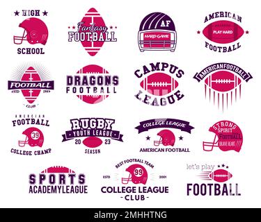 American football logo templates grande set. Badge Rugby isolati su sfondo bianco. Collezione di etichette sportive. Illustrazione vettoriale stock. Illustrazione Vettoriale