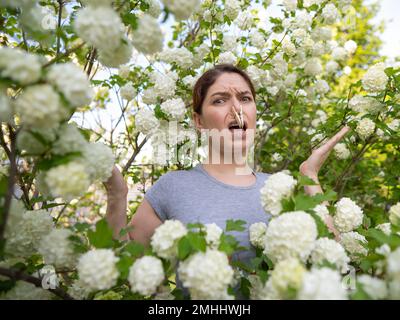 Donna infelice con un chiodo di garofano sul naso in una passeggiata in un parco fiorente. Foto Stock