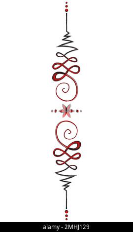 Unalome simbolo maschile e femminile, fiore della vita. Segno indù o buddista che rappresenta il cammino verso l'illuminazione. Icona del tatuaggio Yantras. Rosso e nero Illustrazione Vettoriale