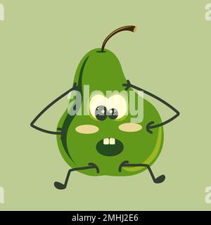 Una pera verde con occhi e bocca, braccia e gambe in shock. Lo stile dei cartoni animati e gli elementi semplici trasmettono emozioni di sorpresa e panico. Illustrazione Vettoriale