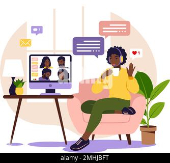 Donna africana che utilizza il computer per riunioni virtuali collettive e videoconferenze di gruppo. Uomo sul desktop che chiacchiera con gli amici online. Videoconferenza Illustrazione Vettoriale