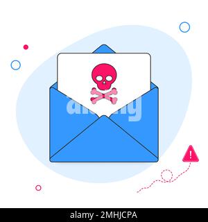Busta con documento e icona cranio. Virus, malware, frodi tramite e-mail, spam tramite e-mail, frodi tramite phishing, concetto di attacco hacker. Illustrazione piatta vettoriale Illustrazione Vettoriale