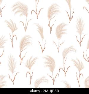 Erba di Pampas sfondo senza cuciture modello di piante di fiori di boho secco, fiore vettore fiore di piume floreale piuma. Erba di Pampas sfondo con foglie o canna modello, piante di corona giapponese o fiori secchi Illustrazione Vettoriale