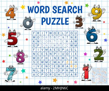 Numeri e cifre della scuola cartoon. Ricerca parola puzzle gioco foglio di lavoro. Quiz del vocabolario del bambino, puzzle di ricerca di parola dei bambini o capretti che giocano la pagina del vettore di attività con i caratteri allegri e divertenti delle cifre Illustrazione Vettoriale