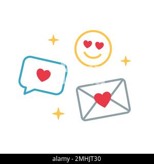 Set di icone di messaggi vettoriali in stile doodle. Emoji, sorride. Linea, adesivi disegnati a mano per commenti, dialogo, messaggio. Amore chiacchierare, corrispondenza co Illustrazione Vettoriale