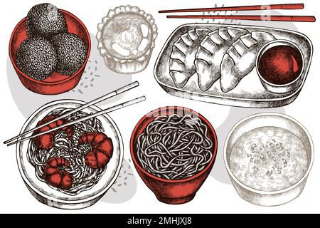 Collezione di illustrazioni vettoriali disegnate a mano per cibo asiatico. Jiaozi stilizzato, jian dui, crostata di uova, tagliatelle di gamberetti, zuppa di uova, ciotola di tagliatelle. Illustrazione Vettoriale