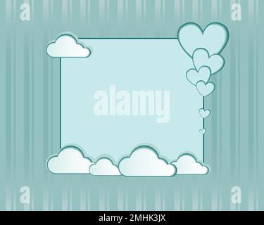 Modello di biglietto di San Valentino a righe turchesi con cuori tagliati e nuvole di carta. Segnaposto per una lettera. Vettore. Modello. Cartolina. Invito Illustrazione Vettoriale