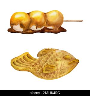 Acquerello, dolci giapponesi tradizionali disegnati a mano. Mitarashi dango e taiyaki pasta. Isolato su sfondo bianco. Progettare per gli inviti Foto Stock