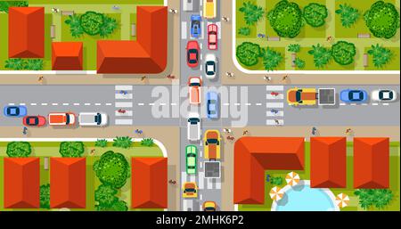 Vista superiore della città dalle strade, strade, case e automobili Illustrazione Vettoriale