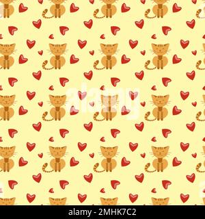Carino gattino con cuori su motivo senza cuciture e sfondo giallo Illustrazione Vettoriale