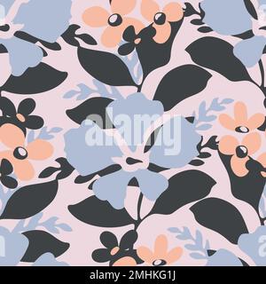 Motivo floreale senza cuciture vettoriale. Fiori blu e beige, foglie scure Illustrazione Vettoriale