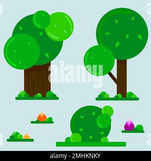 Alberi estivi stilizzati e cespuglio con erba sullo sfondo. Fiori e foglie, erba e alberi con tronchi marroni - tutti disegnati con semplice forma rotonda Illustrazione Vettoriale