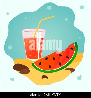Succo di cocomero rosso con una cannuccia e una fetta di cocomero con semi sulla sabbia. Ci sono bolle nel vetro e intorno ad esso sono rocce e una cornice Illustrazione Vettoriale