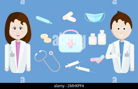 Un medico maschile e un medico femminile con il contenuto del kit di pronto soccorso su sfondo blu. Kit di pronto soccorso piccolo con termometro e pillole e tappi Illustrazione Vettoriale