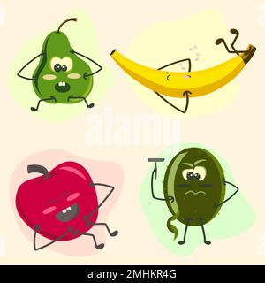 Un insieme di frutta composto da pera, banana, mela e kiwi. Illustrazione Vettoriale