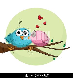 Illustrazione carina di due piccoli uccelli che baciano su un ramo dell'albero con una grande luna sullo sfondo. San Valentino Card Illustrazione Vettoriale