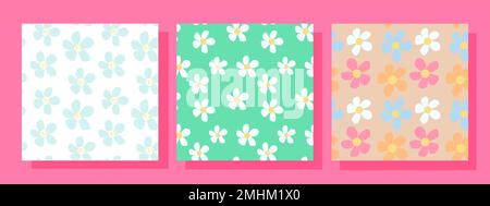 Set di tre motivi quadrati astratti senza cuciture con fiori di margherita vintage grovy. Design retrò floreale vettoriale della superficie di sfondo Illustrazione Vettoriale
