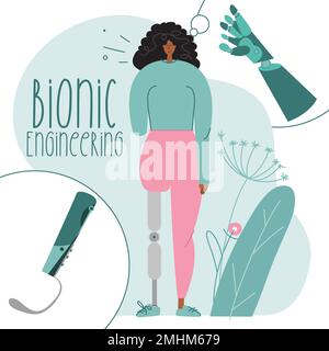 La donna con disabilità, ha bionico gamba e piede. Sogna di un nuovo impianto o protesi in titanio. Illustrazione vettoriale con frase BIONIC Illustrazione Vettoriale