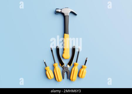 3D illustrazione di un martello metallico con manico giallo, cacciaviti, pinze utensili manuali isolati su sfondo bianco. 3D rendering e illustrazione di Foto Stock