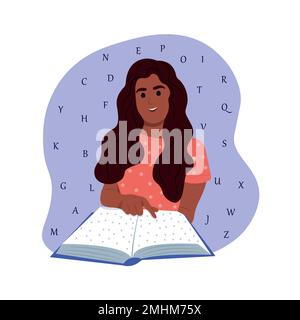 Giornata nazionale della lettura in America. Leggiamo insieme. Una giovane donna afroamericana sorridente sta tenendo e leggendo un libro molto interessante. ABC Illustrazione Vettoriale