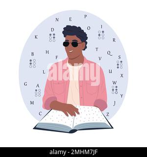 Giovane uomo cieco sorridente nero che indossa occhiali legge qualcosa in braille. Giornata mondiale del Braille. Illustrazione piatta vettoriale Illustrazione Vettoriale