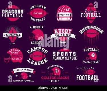 American football logo templates grande set. Badge Rugby isolati su sfondo scuro. Collezione di etichette sportive. Illustrazione vettoriale stock. Illustrazione Vettoriale