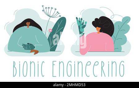 L'anomalia alla nascita delle donne ha un braccio di titanio. Le donne con disabilità hanno protesi bioniche per mano o impianto. Illustrazione vettoriale con frase BIONIC Illustrazione Vettoriale