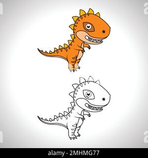 Carino dinosauro cartone animato con line art, dinosauro per colorare libro con colore meno icona disegno. Illustrazione Vettoriale