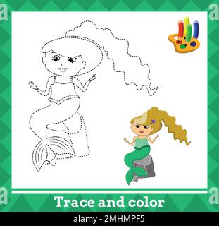 Traccia e colore per bambini, illustrazione vettoriale sirena. Illustrazione Vettoriale