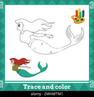 Traccia e colore per bambini, illustrazione vettoriale sirena. Illustrazione Vettoriale