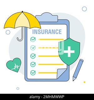 Concetto di assicurazione sanitaria. Grande clipboard con documento sotto l'ombrello. Assistenza sanitaria, finanziaria e medica. Illustrazione del vettore isolato Illustrazione Vettoriale