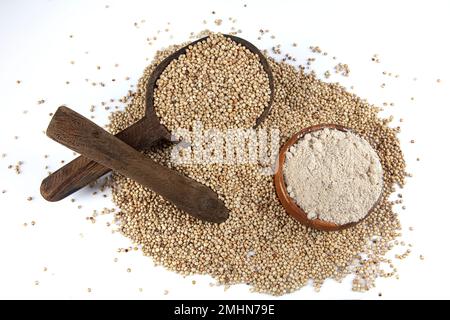 Semi di sorgo senza glutine isolati su sfondo bianco. Semi interi di Sorghum Moench, miglio, alimentazione. Una ciotola di Sorghum germogliato e Sorghum Flour on Foto Stock