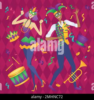 Coppia carina con maschere veneziane Mardi gras party poster Vector illustrazione Illustrazione Vettoriale