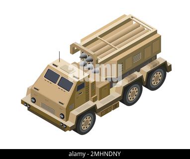 Sistemi di razzo di lancio multipli veicoli militari missili militari mimetizzazione della difesa. Illustrazione del vettore isometrico 3D. Illustrazione Vettoriale