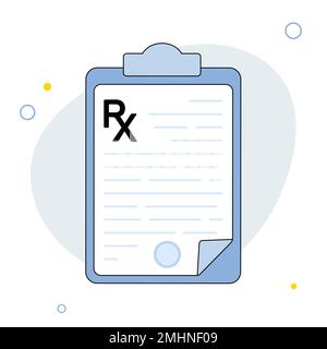 Prescrizione. Appunti e modulo Rx. Concetto di diagnostica sanitaria, ospedaliera e medica. Illustrazione piatta vettoriale Illustrazione Vettoriale
