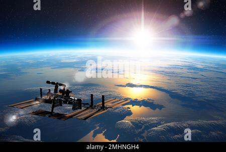 Stazione spaziale Internazionale ISS orbitante sulla Terra. 3D Illustrazione. sfondo di rendering 3d. Foto Stock