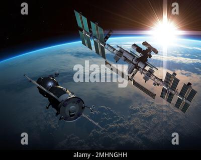 Stazione spaziale Internazionale ISS orbitante sulla Terra. 3D Illustrazione. sfondo di rendering 3d. Foto Stock