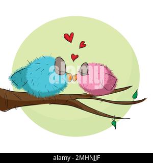 Bella illustrazione vettoriale di due piccoli uccelli innamorati e baciati su un ramo d'albero con una grande luna sullo sfondo. Tessera di San Valentino Illustrazione Vettoriale