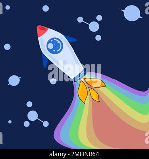 Un razzo spaziale cartoon che strappa lo spazio esterno in arcobaleni. Illustrazione in blu scuro che mostra un pianeta e i satelliti. Illustrazione Vettoriale