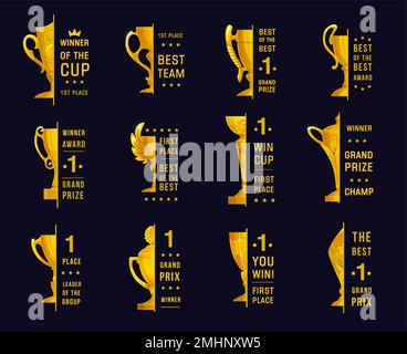 Etichette vincenti e di primo posto con coppa trofei dorata. Trionfo della vittoria della concorrenza, premio vincitore del torneo sportivo e simboli vettoriali di successo della carriera aziendale con il primo posto titolare di coppa d'oro o ciotola Illustrazione Vettoriale